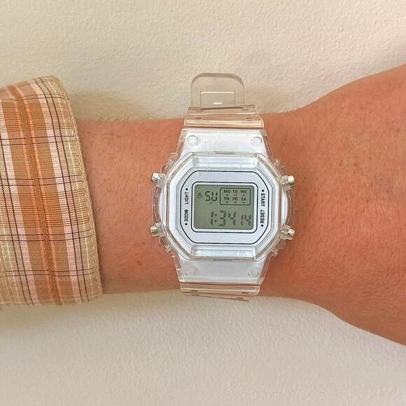 Clear Digital Watch White Accents Unisex Y2K Style Quartz New - Picture 2 of 7